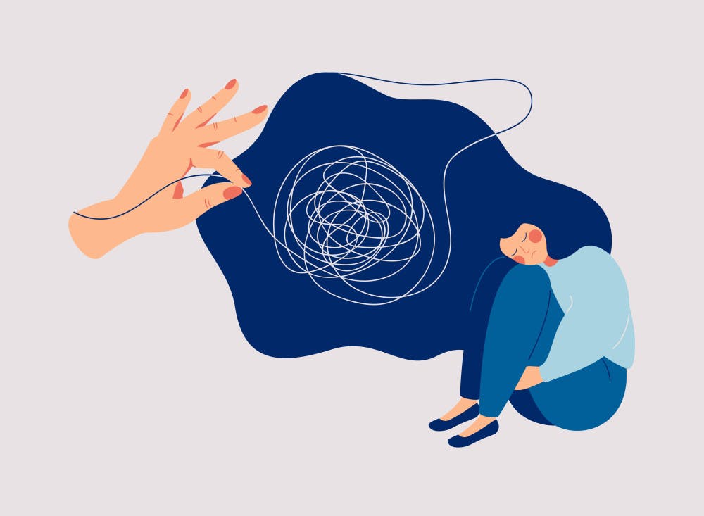 Illustration of a women with threads representing lots of thoughts